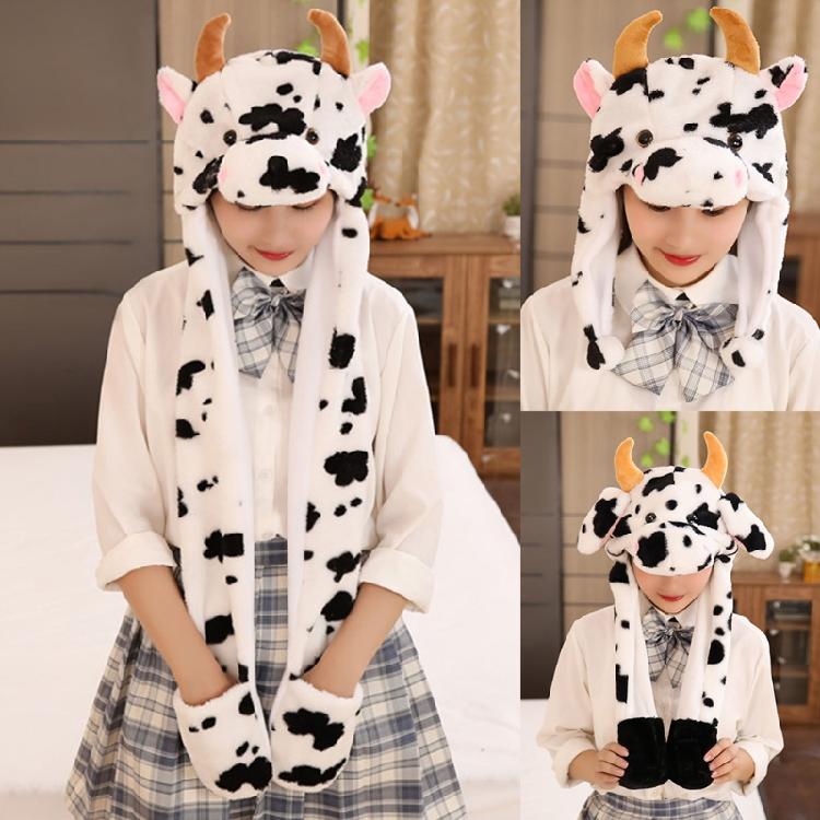 Warm Hat with Jumping Ears Party Stuffed Cow Ox Horn Toy Fleece Cap for Kids