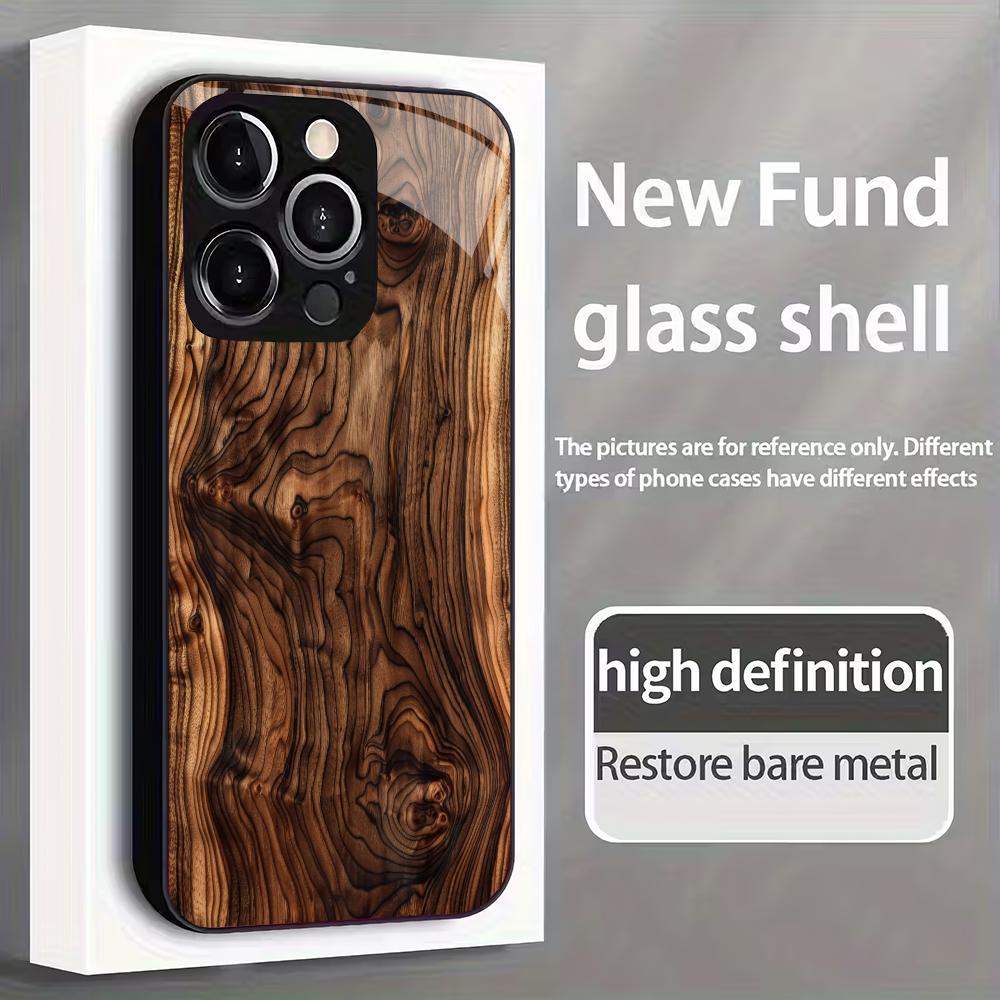 Vintage Wood Grain Printed Glass Phone Case Suitable for iPhone 17 16 15 14 13 12 11 Pro/Max/Plus Anti Drop and Shockproof