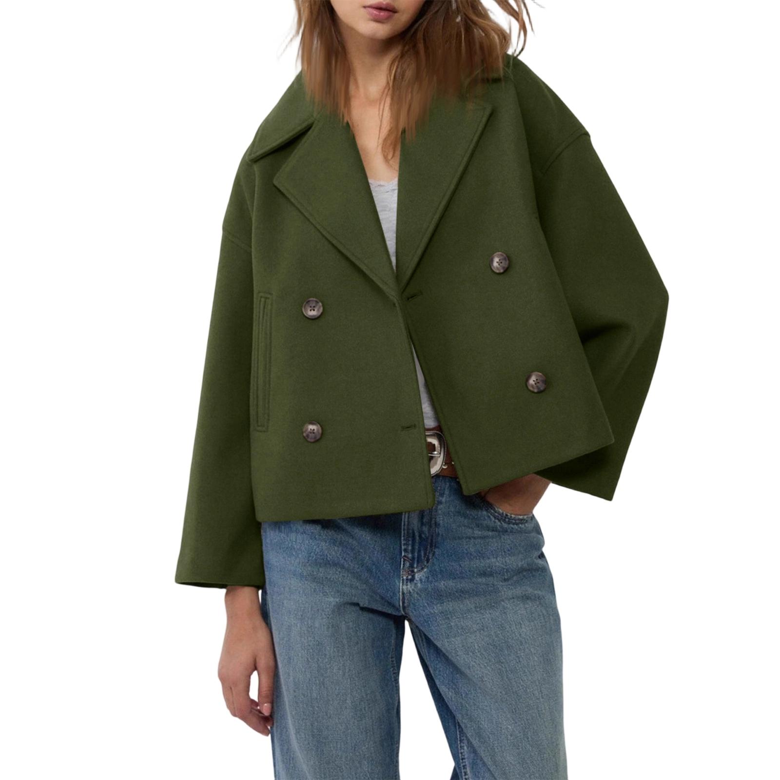 

Women s Fashionable, Elegant, -color, Long-sleeved, Short Woolen Coat With A Turned-up Collar L армия зеленый