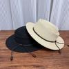 European and American Style Concave and Convex Top Straw Woven Flat-brimmed Top Hat for Women's Summer New Light Luxury Wax Leather Rope Strap Beach