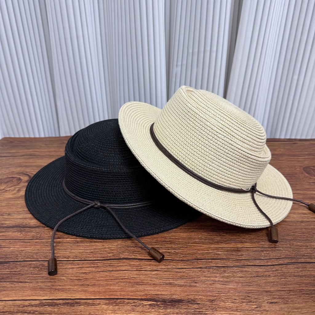 European and American Style Concave and Convex Top Straw Woven Flat-brimmed Top Hat for Women's Summer New Light Luxury Wax Leather Rope Strap Beach