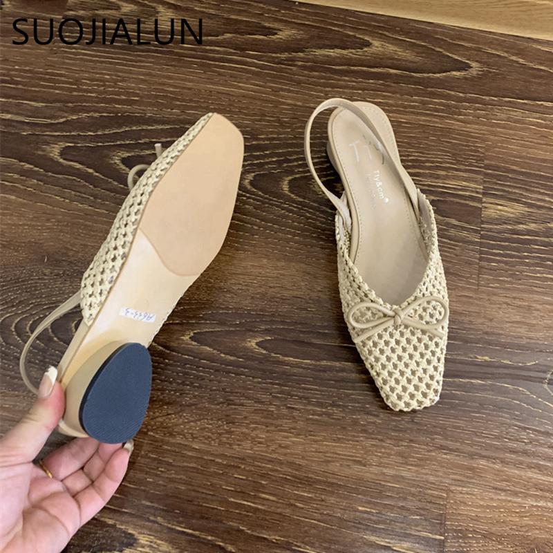 Fashion SUOJIALUN Summer New Women Slip On Mules Shoes Fashion Cane Weave Ladies Sandal Shoes Square Low Heel Outdoor Casual Slipper