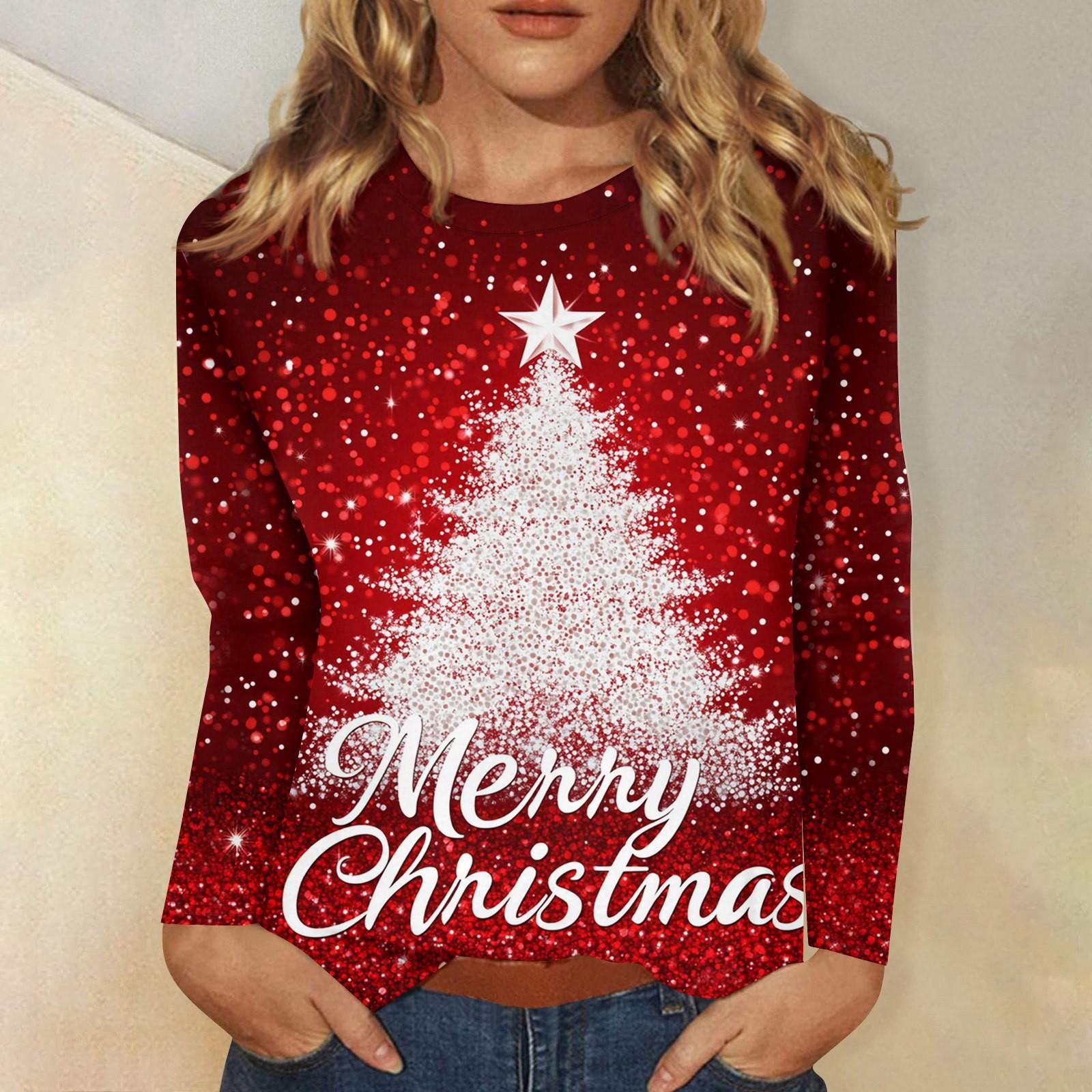 

Рубашки с длинным рукавом для женщин Милые принты Футболки Блузки Повседневные Большие размеры Базовые топы Пуловеры Рождественские S