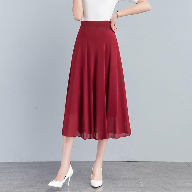 Sommer Neuer Einfarbiger Hellbrauner Chiffonrock Mittellang A-Linie Großer Schwung Damenrock Knielanger Rock