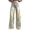 Wide Leg Flare Jeans for Women with Pockets Baggy Pants Vintage Floral Print High Waisted Loose Pant