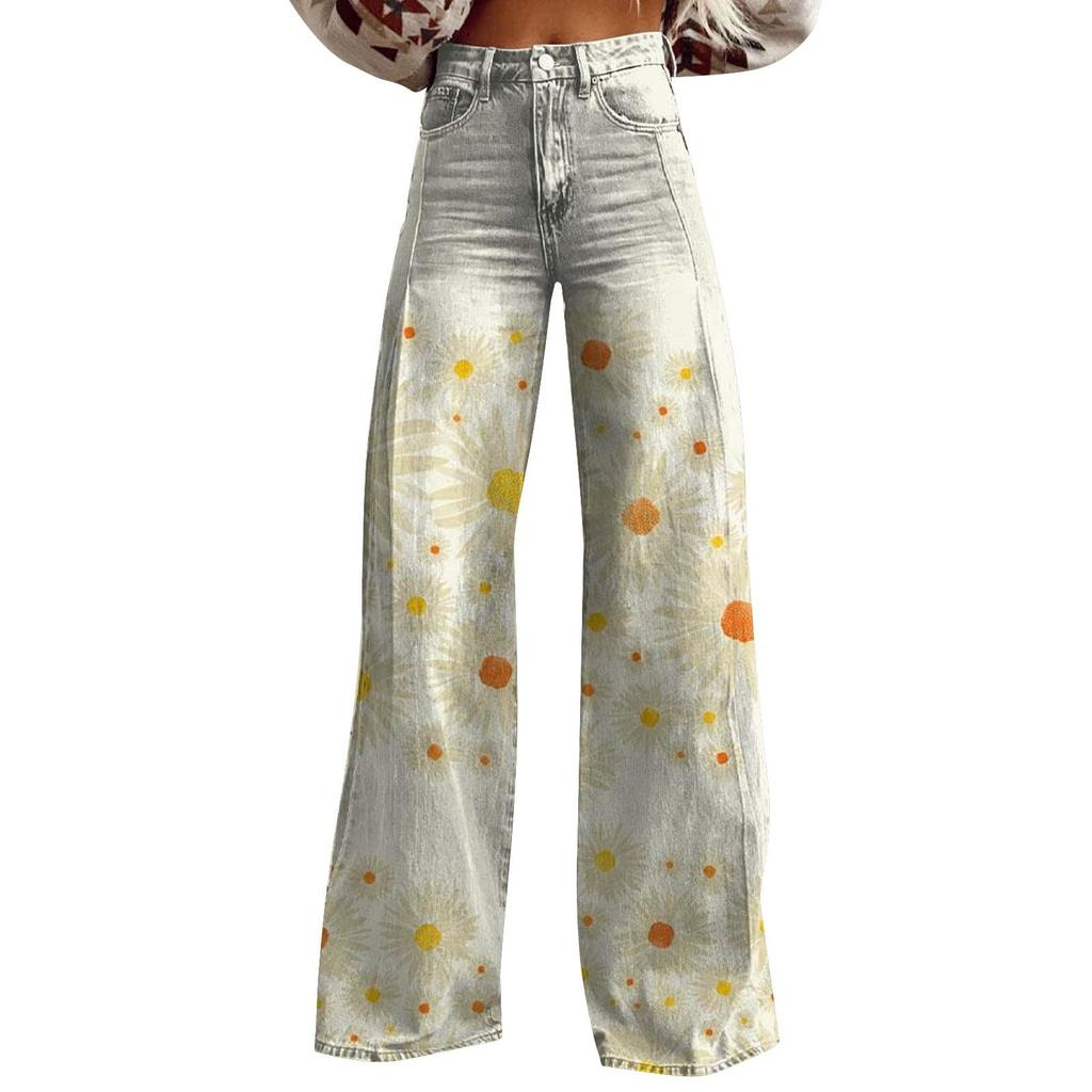 Wide Leg Flare Jeans for Women with Pockets Baggy Pants Vintage Floral Print High Waisted Loose Pant