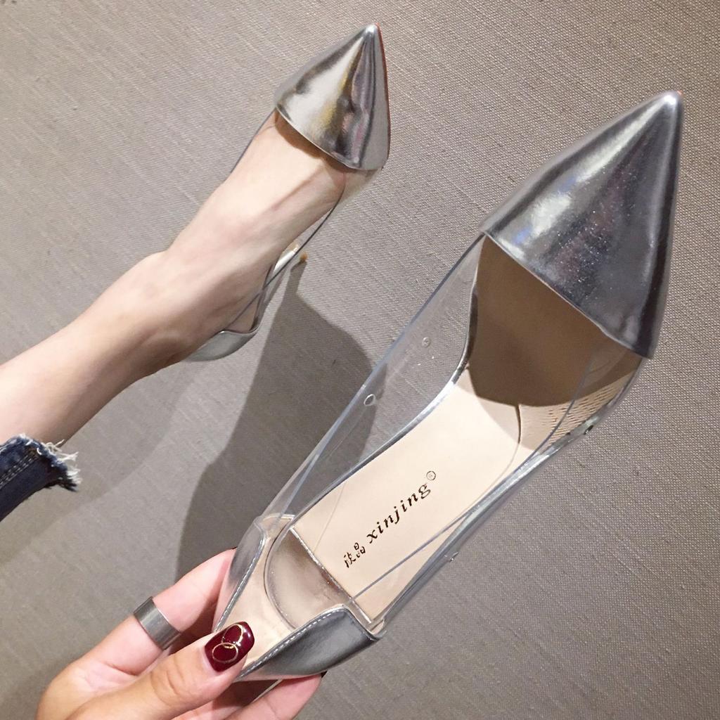 Fashion pointed toe leather patchwork transparent high heels shoes woman candy yellow pumps stiletto thin heel clear escarpins femme