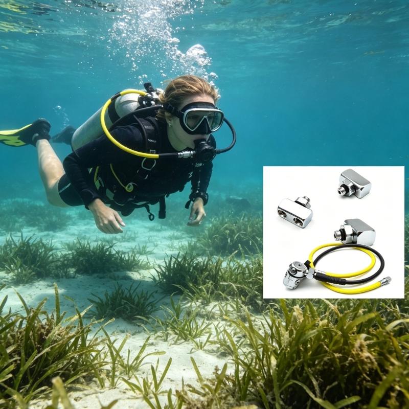 Diving Equipment Hose Connector with Threaded End , O-Rings Seal and Compacts Body for Drysuit Use and Gear Checks