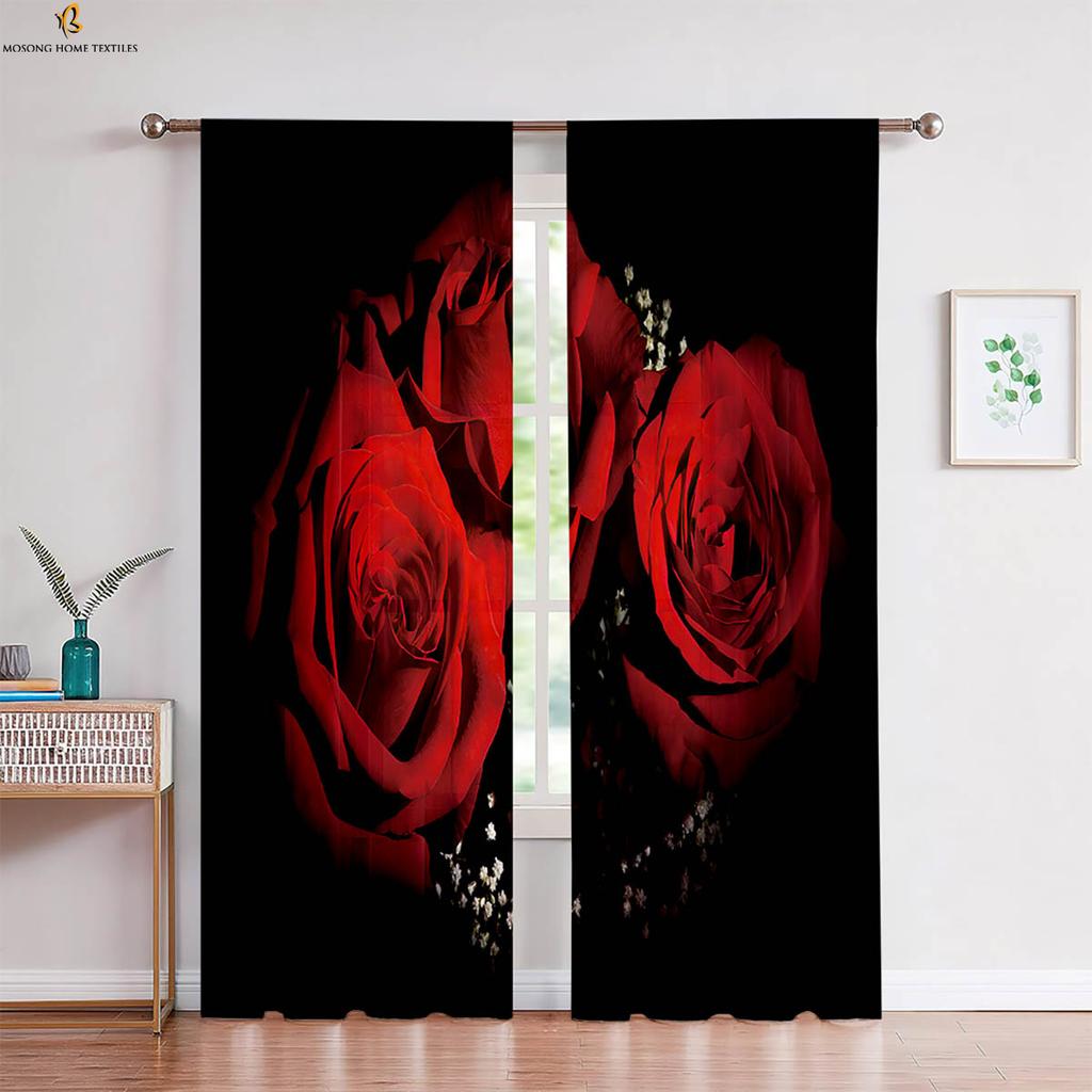 Red Vintage Rose Flower 3d Printed Curtain Bedroom Living Room Study Window Decoration Curtain Home Decoration 2 Pieces