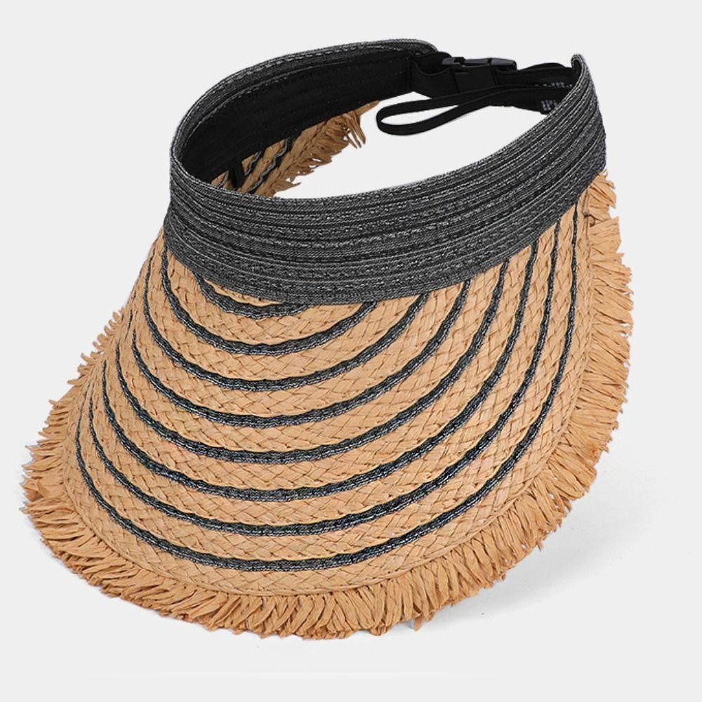 Solid Color Wide Brim Woven Breathable Folding Sunshade Hat Empty Top Straw Hat Seaside Vacation