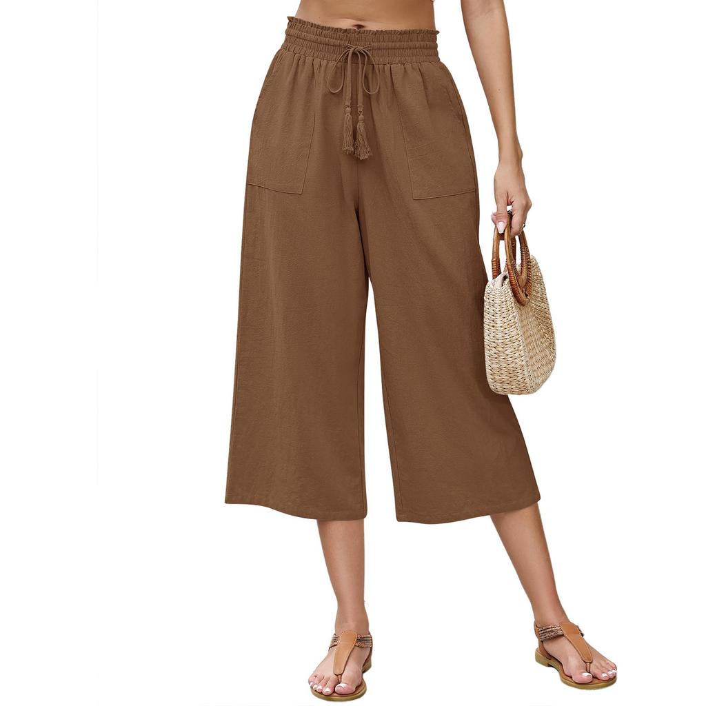 Linen Casual Wide Leg Pants For Women Elastic Waist Versatile Business Casual Work Palazzo Trousers With Pockets