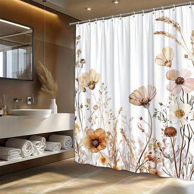 1pc Autumn Floral Shower Curtain - Beige, Brown & Pale Pink, Watercolor Design, Polyester, Machine Washable