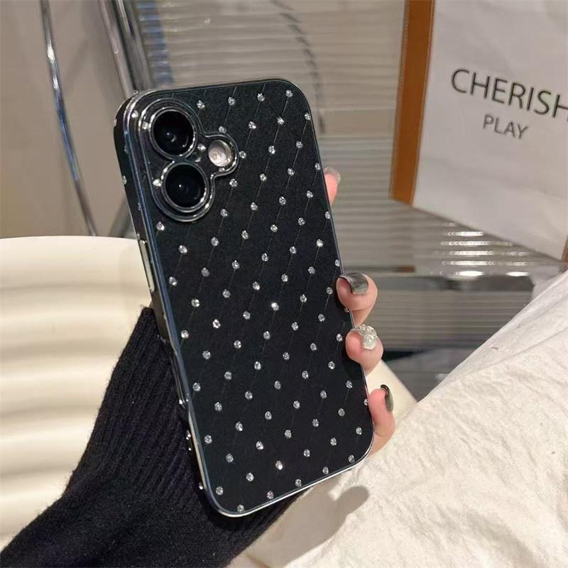 

Роскошный кожаный чехол с гальваническим покрытием и бриллиантами для iPhone 16 Pro Max 15 14 Plus 13 12 Pro 11, все включено, устойчивый к падениям чехол iPhone 13 чёрный