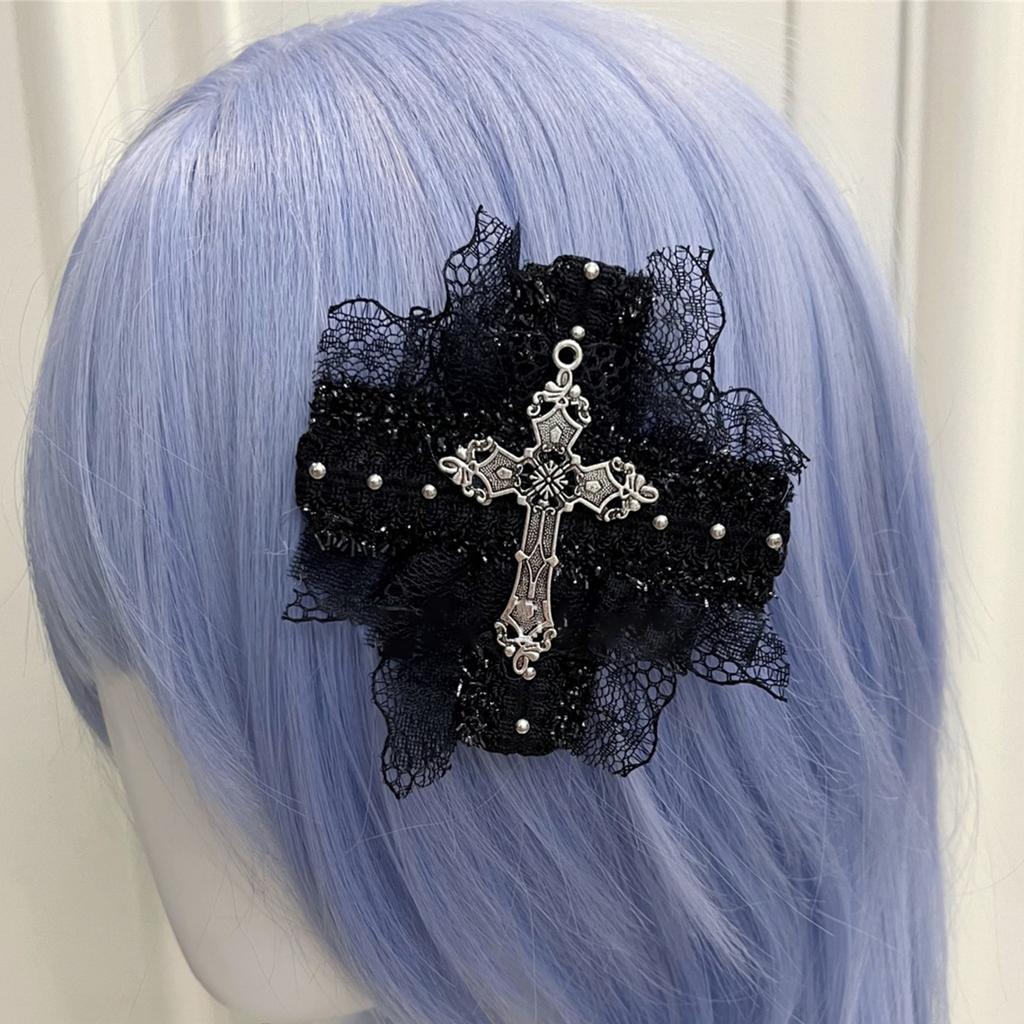Lace Hair Clip Dark Balletcore Crosses Dark Flat Clip Halloween Hairpin Dark Elegant Hair Clip for Bunches