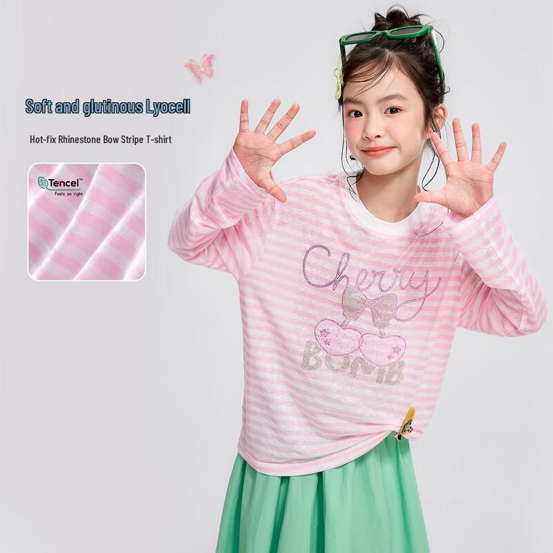 

Girls Lightweight Breathable Long Sleeve Striped T-shirt with Cherry Bow Embellishment 110