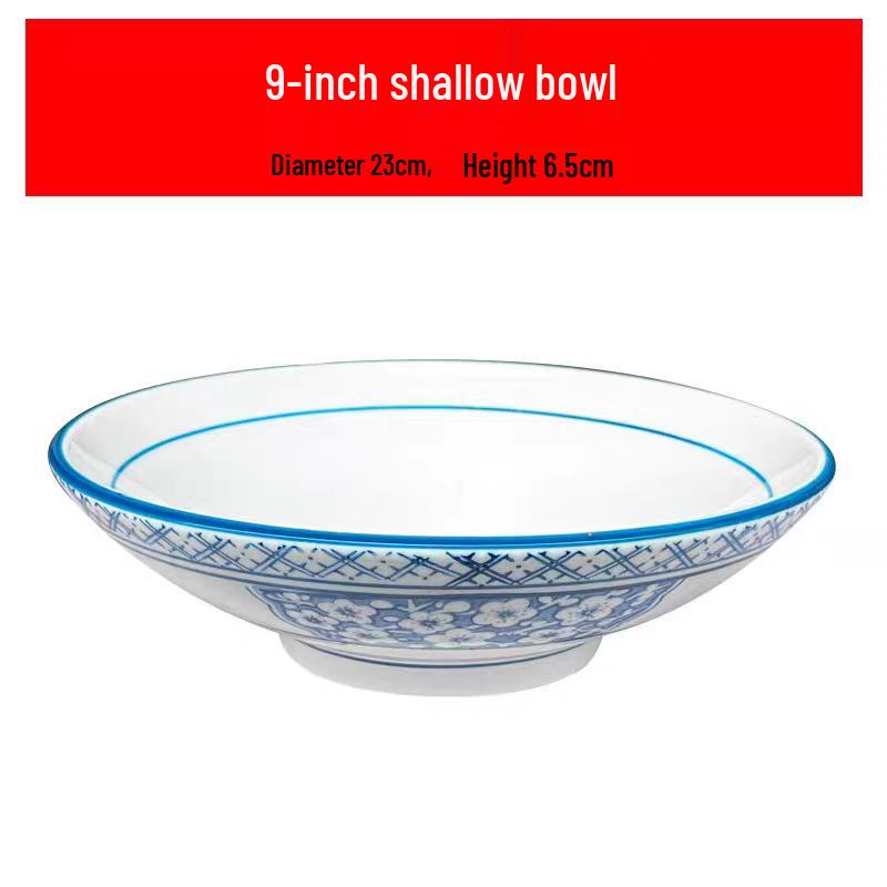 Ceramic Retro Blue & White Shallow Bowl for Noodles, Salad, Fruit, or Liangpi.