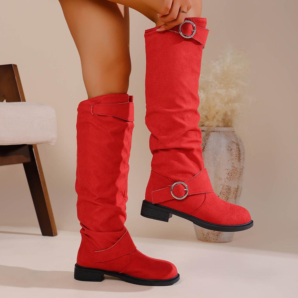 Plus Size Stacked Boots Women,Wrinkle Boots with Block Heel for Women