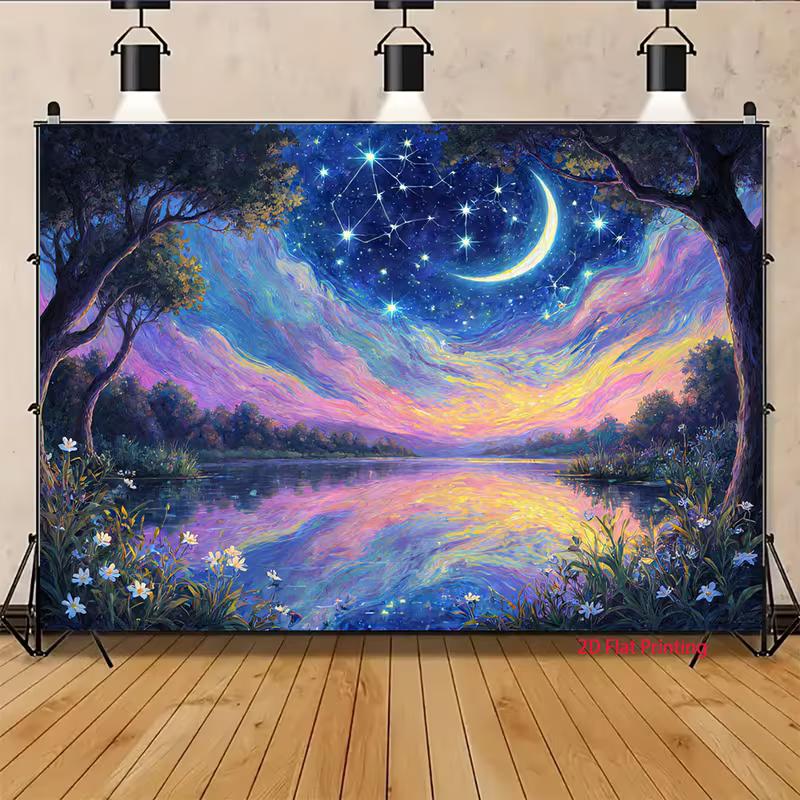 2D Rainbow Swans Backdrop Starry Night Water Reflection Photo Booth Background