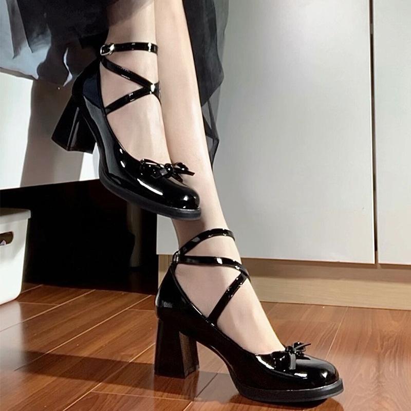 

Mary Jane shoes women s new bow straps square head small leather shoes light mouth thick heel single shoes 34