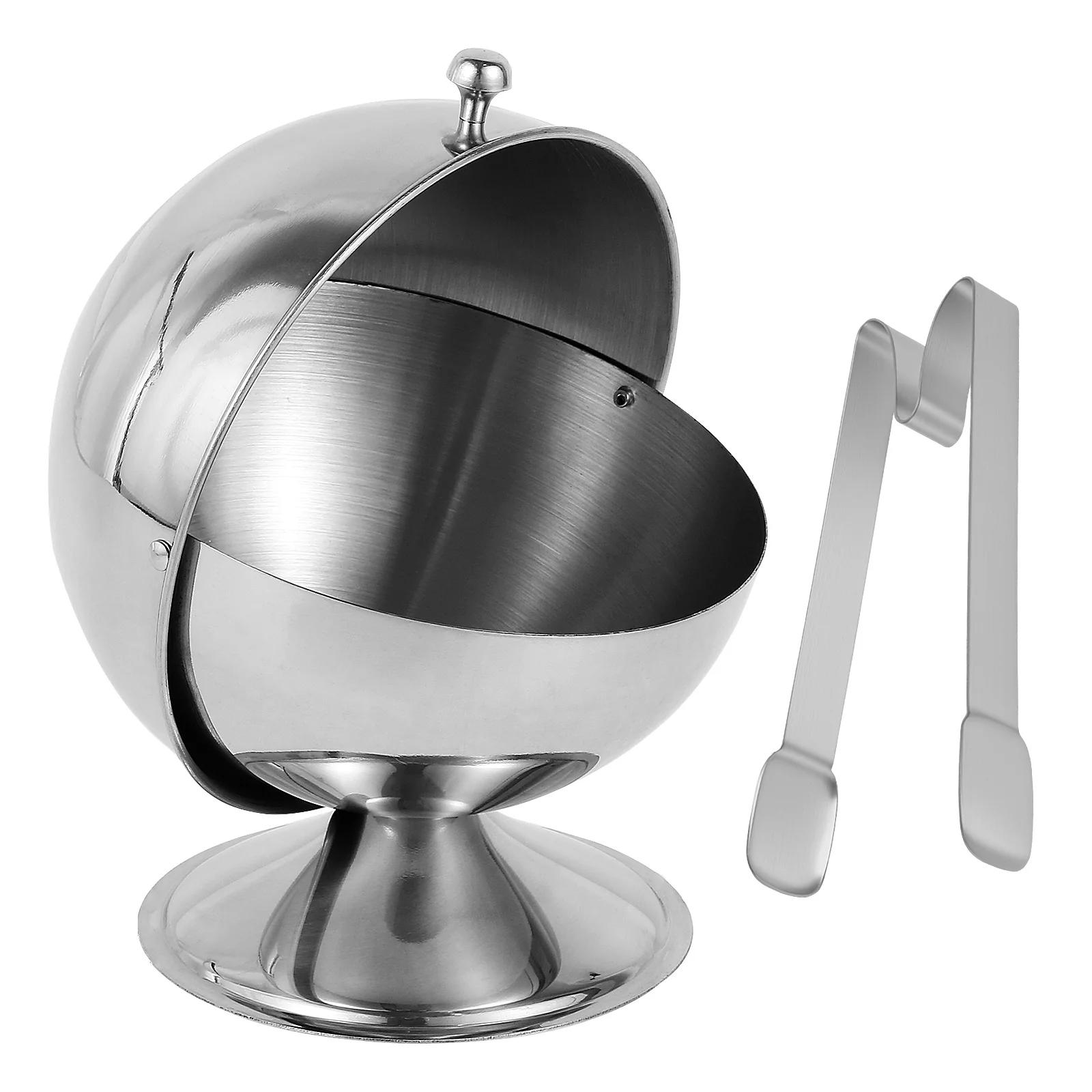 Stainless Steel Sugar Bowl with Roll Top Spherical Candy Bowl Coffee Condiment Sugar Cube Kitchen Storage Jars