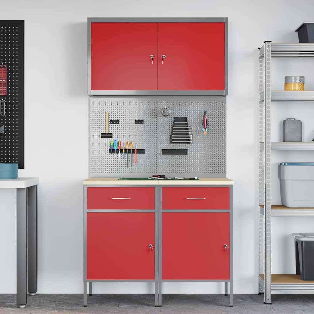 Workbench with Drawers 5 pcs Red Engineered Wood and Steel
