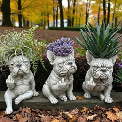 Maceta de Perro Bulldog Perro Dedo Medio Perro Maceta de Flores de Resina Maceta con Forma de Animal Lindo para Decoración de Hogar Oficina Escritorio Jardín