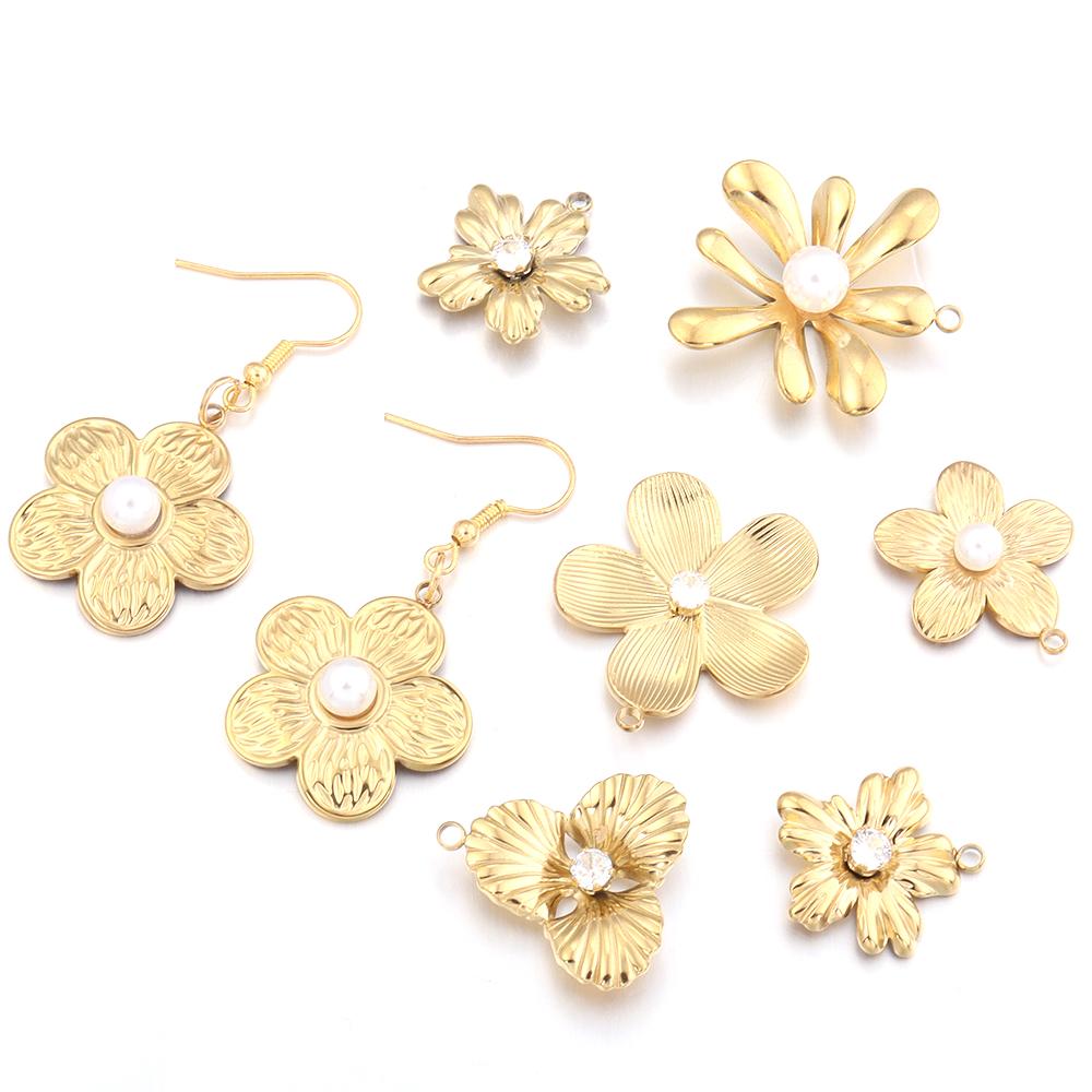 2Pcs Stainless Steel Pearl Flower Enamel Charms Exquisite Gold Color Pendant DIY Necklace Earrings Wedding Party Jewelry Finding