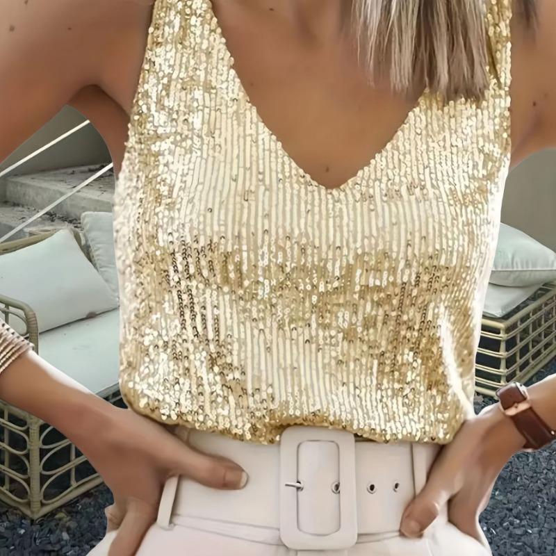 Women Sexy Sequin V Neck Sleeveless Ladies Tank Top
