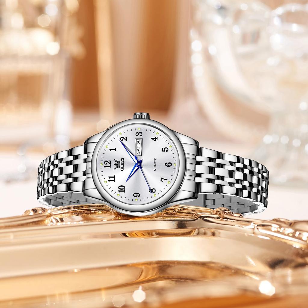 OLEVS Analog Popular Arm Silver Stainless Steel Silver Women Business Luminous Small and Easy to Read Arm Silver Convenient Women Watch Women's Watch,