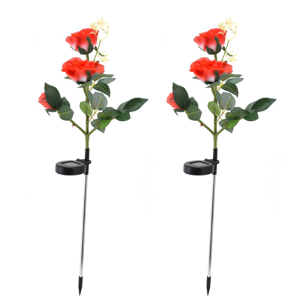 2pcs LED Solar Flower Lights Waterproof Artificial Rose Garden Lamp for Outdoor LandscapeRed