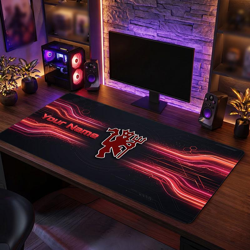 Manchester United Custom Large Mouse Pad, Personalized Name Text Print, Football Logo Non‑Slip Desk Mat Gaming Gift