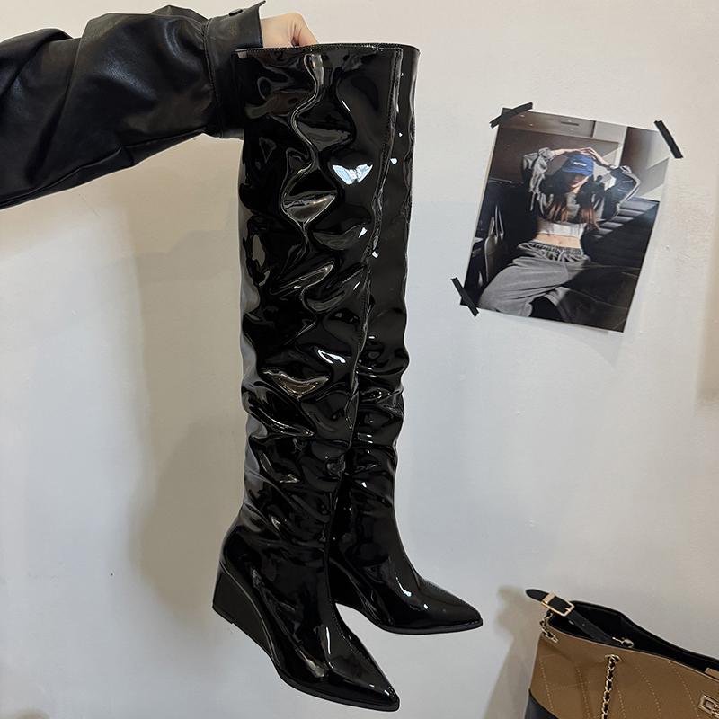 Nightclub Pointed Toe Pleated Women Over the Knee High Boots Wedges High Heels Party Shoes Winter Ladies Thigh High Booties