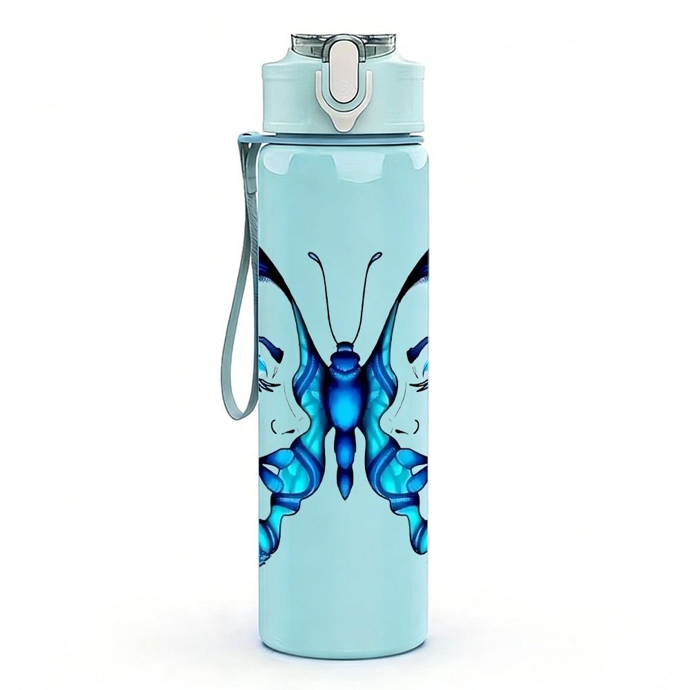 1PC Blue Gradient Butterfly Wing Print 750ml Color Plastic Sports Water Bottle Leakproof Flip Straw Lid Suitable for Sports Office Home Use