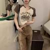 Niche Unique Short Top Female Slim Spice Girl Summer High Waist Front Shoulder T-Shirt American Retro Short Sleeve T-Shirt Women