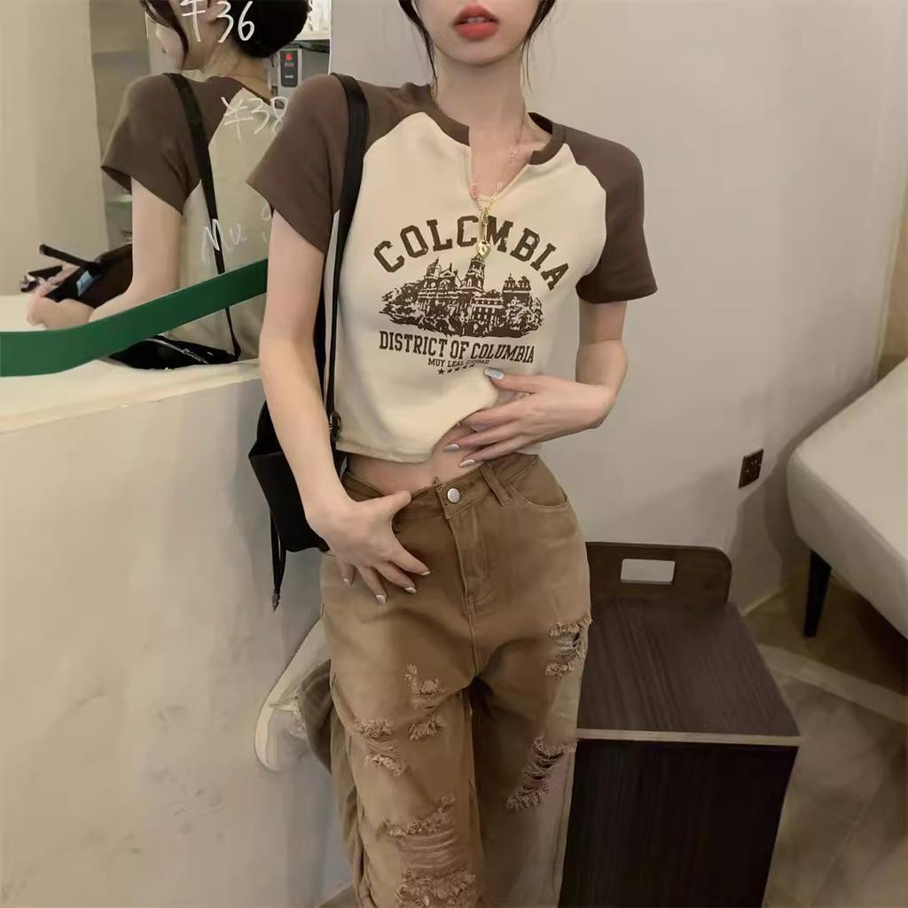 Niche Unique Short Top Female Slim Spice Girl Summer High Waist Front Shoulder T-Shirt American Retro Short Sleeve T-Shirt Women