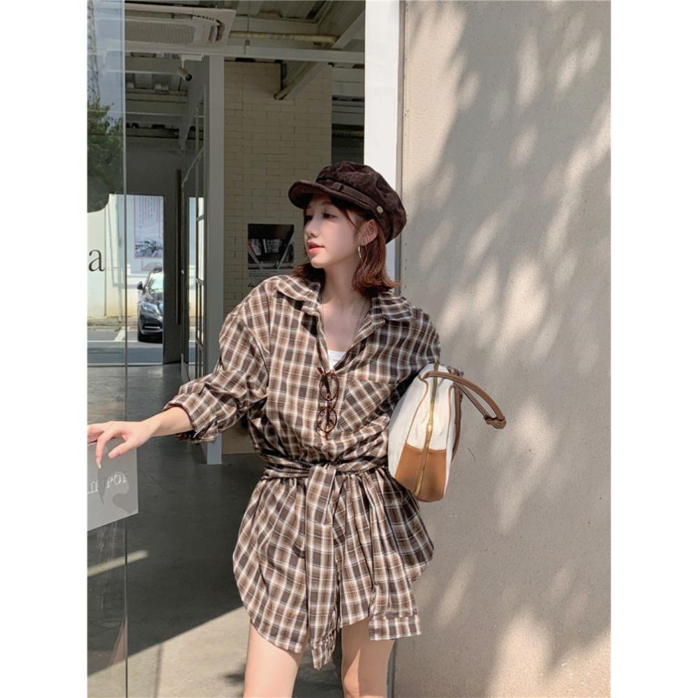 Women's Retro Lattice Long-Sleeve Shirt Set with Straps - New Autumn 2025 Casual Slimming Cardigan