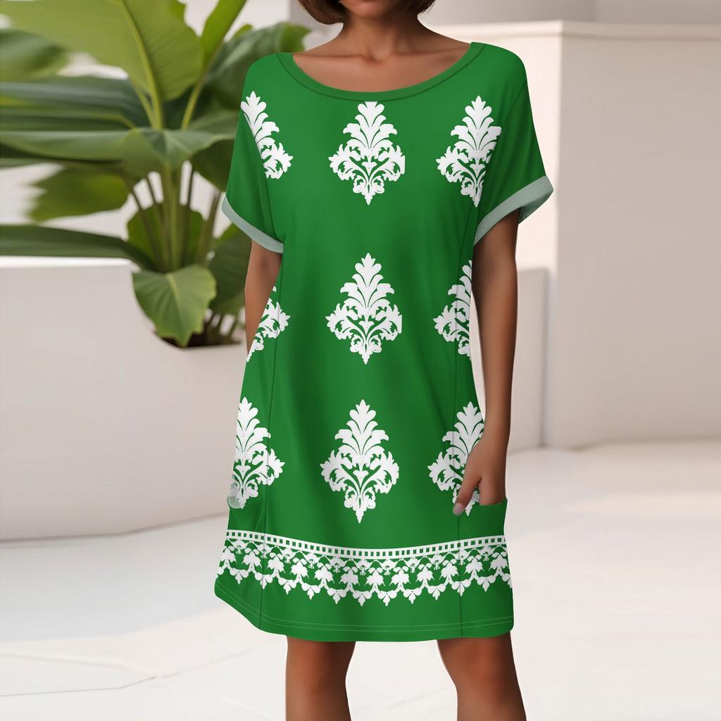 Women's Fashion Short Sleeve Dress With Pockets Floral Print Casual Beach Dress