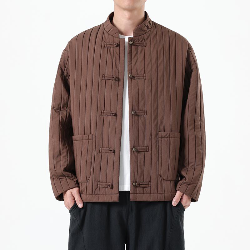 Autumn Men New Chinese Style Jackets Men Thick Warm Soild Color Coat Male Vintage Stripe Black Jacket Man Tang Costume Hanfu