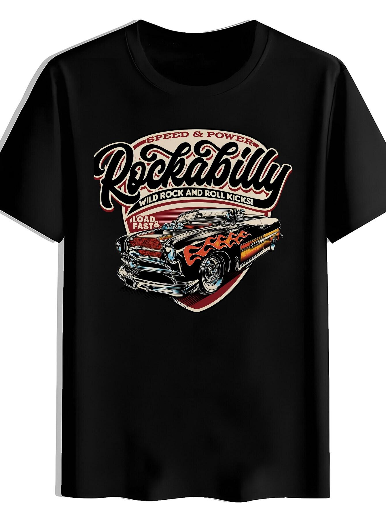 T-shirt A Classic Black Convertible Vintage Car Print Featuring Orange And Yellow Flame Patterns S