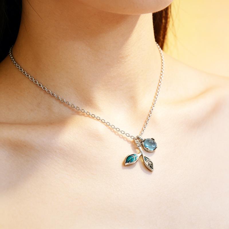 S925 Sterling Silver Necklaces For Women Simple Minimalist Pendant Necklaces Blue Leaf Moon Stone Chain Necklace Birthday Gift