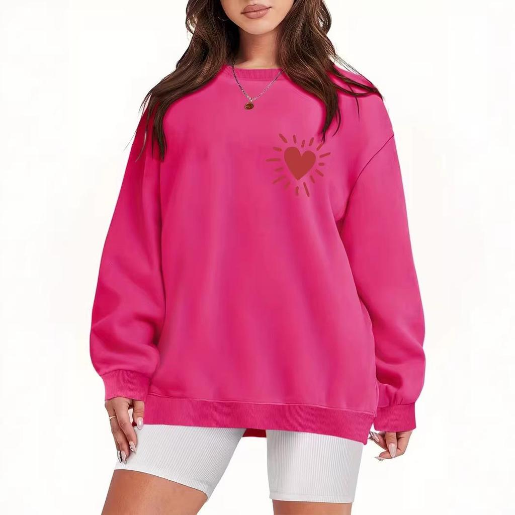 European & American Heart Print Round Neck Long Sleeve Women's Casual Velvet Hoodie - Loose Fit, Trendsetter Style.