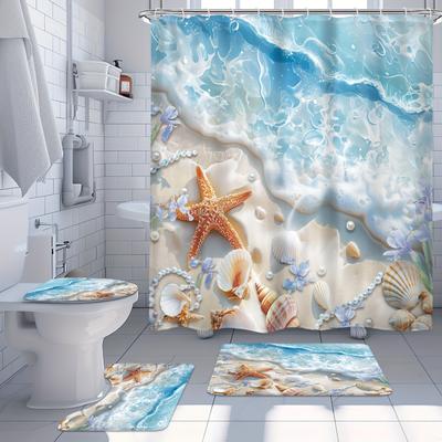 1/4 piezas Lujoso Soñador Olas Playa Impermeable Juego de Cortina de Ducha Decorativo Juego de Baño Alfombra Antideslizante Cubierta de Inodoro Alfombra de Baño Y 12 Ganchos