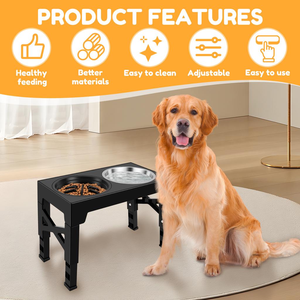 Elevated Dog Feeder Bowls Adjustable Raised Stand with 2 Stainless Steel Bowls and 1 Slow Feeder for Small Medium Large Dogs