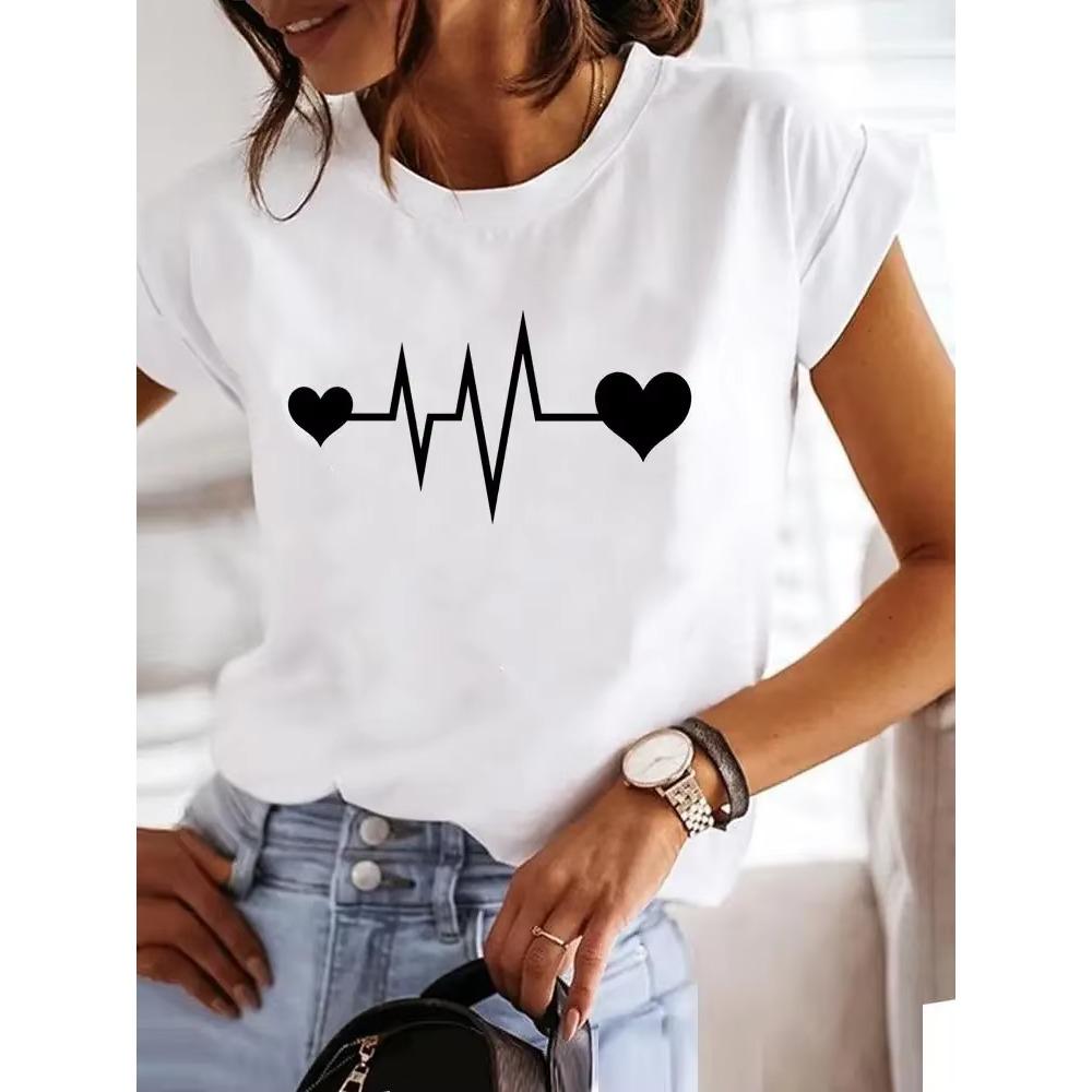 Love Style Trend Cute 90s Harajuku Women Print Ladies T-shirt Casual Basics O-collar Black Shirt Short Sleeve Ladies T-shirts