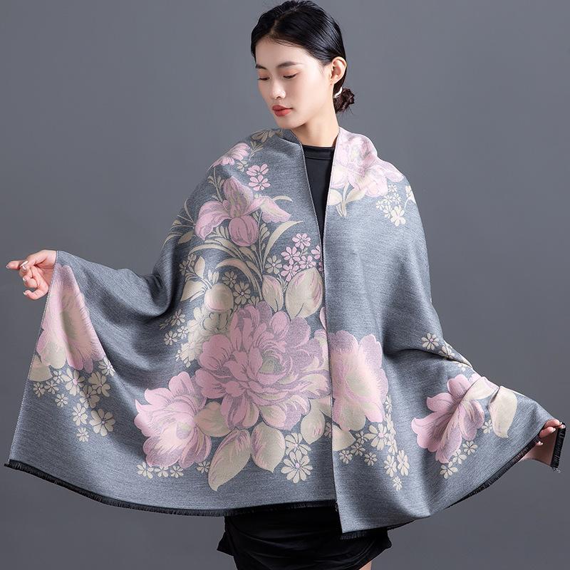 Women S Warm Faux Cashmere Flower Jacquard Scarf Versatile Shawl