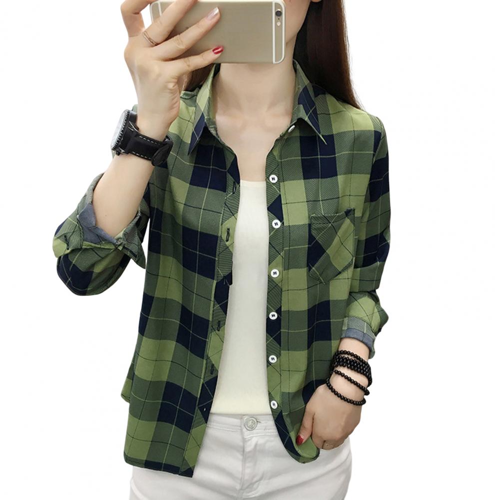 Women Shirt Long Sleeve All Match Single-breasted Casual Soft Dressing Up Polyester Plaid Print Women Shirt Top Female Clothing