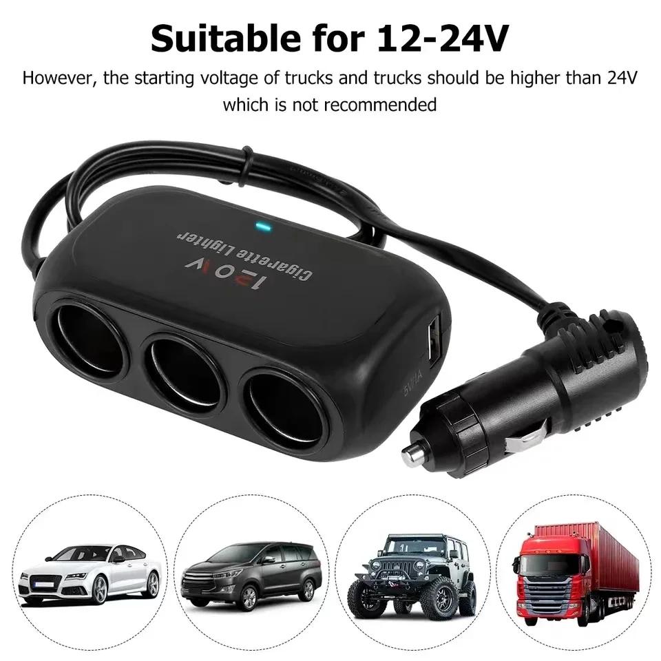 Triple Port 12V/24V Car Charger - Dual USB Fast Charging with LED Light for iPhone Android GPS Dash Cam