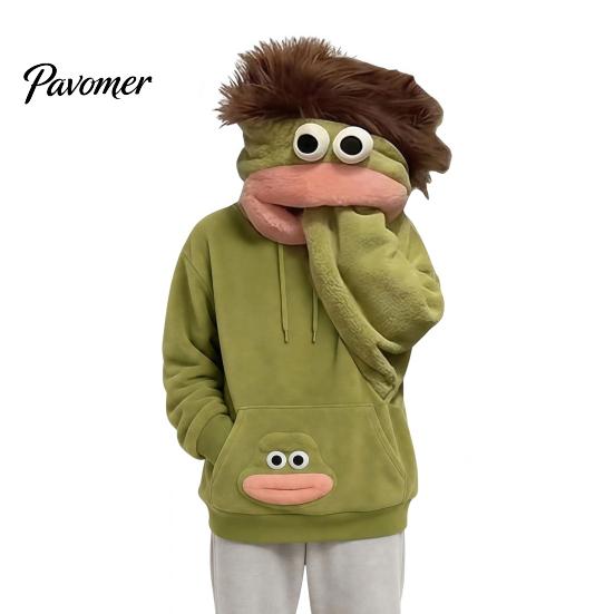 Unisex Pullover Top Big Mouth Creature Flannel Hoodie with Comb, Men Women Oversized Hooded Hoodies Sweatshirt, Thickened Plush Casual for Fall Winter