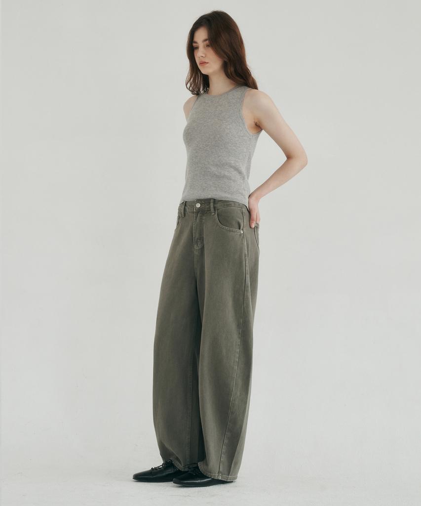 LOSSYROW Curved Wide Denim Pants Khaki