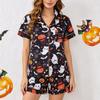 Halloween Women's Pajama Set Lapel Collar Open Front Cardigan Short Sleeve & Shorts Loungewear Loose Ultra Soft Casual Homewear Sleepwear Outfit